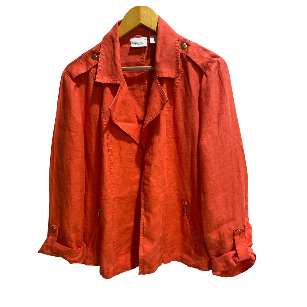 Chico's Size 3 XL Orange 100% Linen Open Front Blazer Jacket Gold Detail Classic
